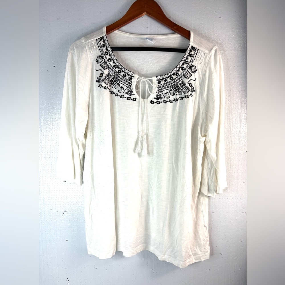 MS Mode XL Boho Embroidered Beaded Cotton Peasant Top